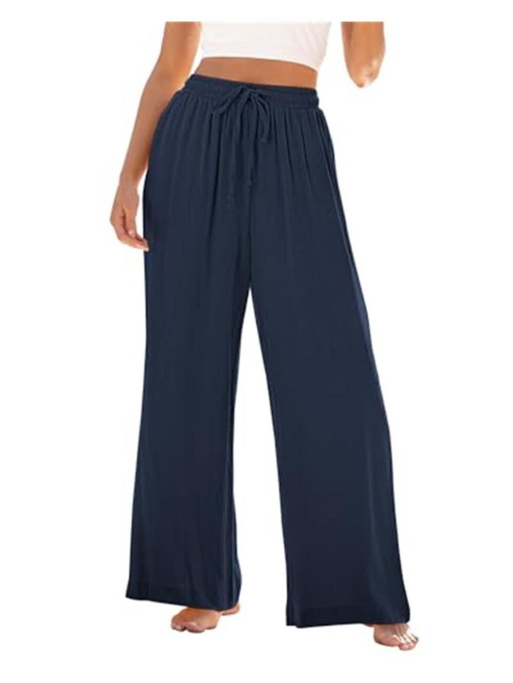 Wide Leg Linen Pants High Waist Drawstring Palazzo Flowy Baggy Navy Blue